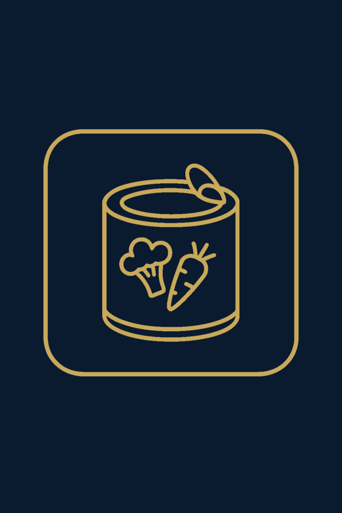 "Selection of canned food products in labeled metal containers."