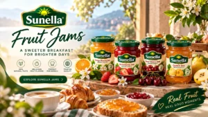 Sunella Jam jars in strawberry, sour cherry, quince and orange blossom flavors displayed on a breakfast table