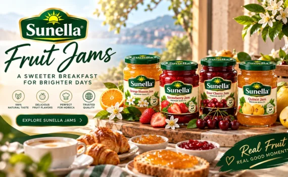 Sunella Jam jars in strawberry, sour cherry, quince and orange blossom flavors displayed on a breakfast table